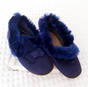 Vintage 1920's Children's Bed Slippers Blue Felt Wool Chenille Trim Wooden Sole